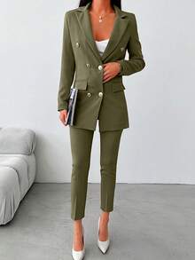 SHEIN Cottnline Women's Solid Color Long Sleeve Jacket And Pants Suit - Olive Green - View 4