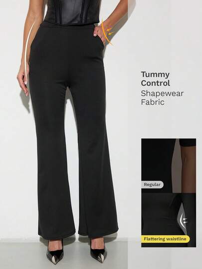 Nuvra מכנסי מותן צמודים עם רגל מתרחבת בצבע אחיד עם כיסים לנשים