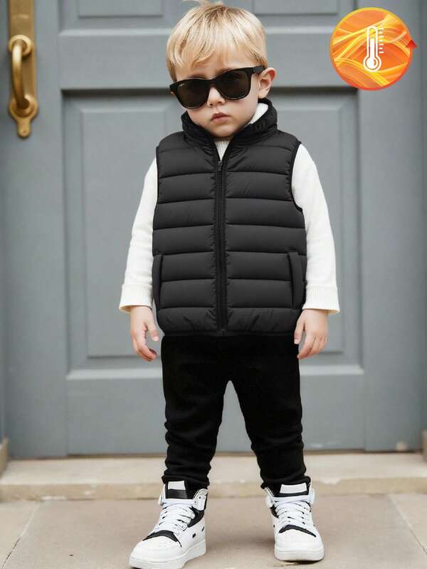 SHEIN Chaleco casual con cremallera y bolsillo de unicolor para niño, temporada de vuelta al colegio