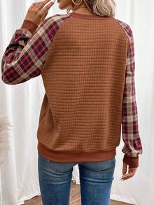 EMERY ROSE Plaid Raglan Sleeve Sweatshirt In Fall/Winter,Fall,Fall Clothes For Women,Women's Winter Clothes Brown Long Sleeve Top - Brown - View 2