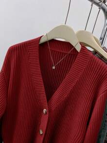 SHEIN Teen Girls' Solid V-Neck Cropped Casual Loose Drop Shoulder Long Sleeve Cardigan Sweater, Autumn - Red - View 4