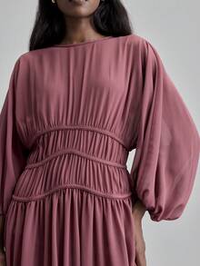 Ontre 2026春夏女士超长连衣裙，粉色连衣裙，情人节穿搭，度假风，简约韩式设计，酒红色，柔软雪纺面料，编织绳装饰，女士长裙，圆领，休闲度假风，韩式通勤风，日常穿着，春夏款 - 酒紅色 - 查看 6