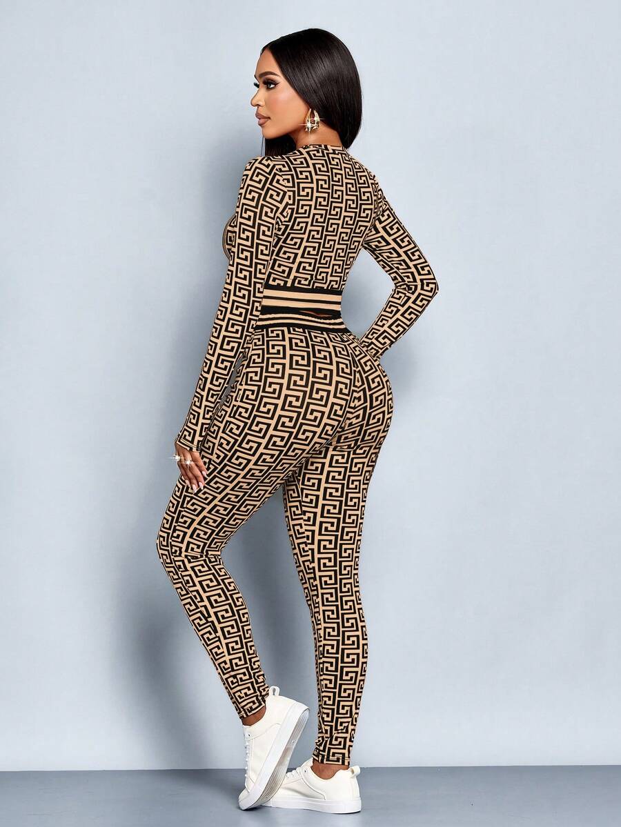 SOLERSUN Set de 2 bucăți pentru femei, toamnă/iarnă, design grafic cu imprimeu contrastant, culori lungi, top și pantaloni, set de Ziua Recunoștinței, ținute de iarnă pentru femei, haine de femei - imagine 2