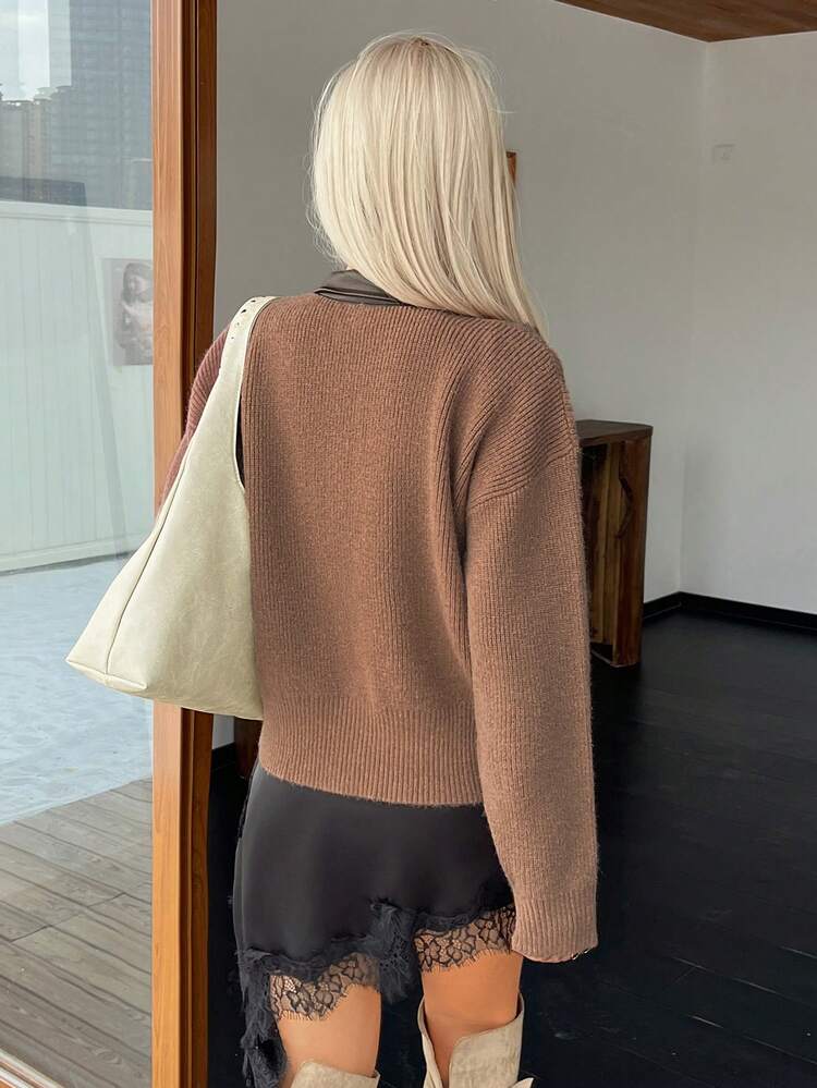 Women's Casual Contrast Color PU Collar Patchwork Cardigan, Autumn