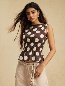 Easelle New Women's Fashion Tie-Up Polka Dot Fuzzy Waist Cropped Camisole Summer Vacation Outfits Women Brown Boho Music Festival Cotton - Mocha Brown - View 5