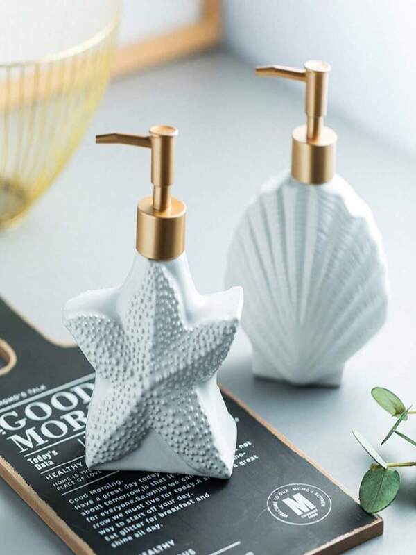 1/4 Suits Ocean Series Fashionable Ceramic Lotion Dispenser: Starfish And Shell Design, With Gold Matte Pump - Enhance Your Bathroom Or Kitchen Decoration, Independent, Beautiful Bathroom And Practical