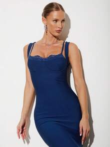 Nuvra Alluring Push-Up Tummy Control Lace Trim Elegant Blue Bodycon Sleeveless Criss-Cross Strap Knit Bandage Dress For Women - Blue - View 7