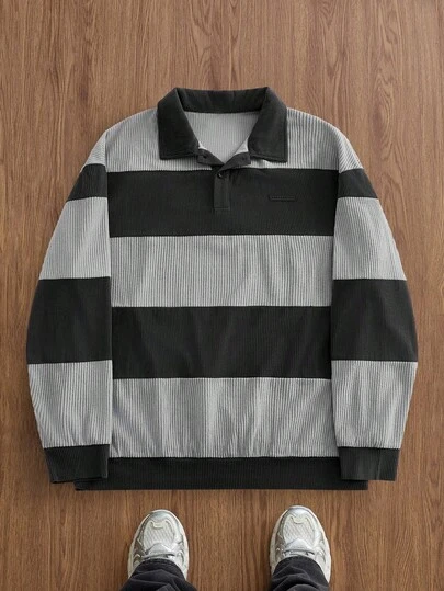 EASEVO Men's Casual Colorblock Striped Polo Collar Long Sleeve Loose Sweatshirt