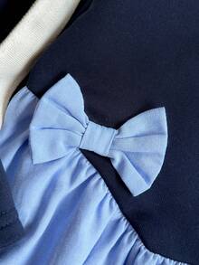 PrepCrw 2pcs Young Girls Elegant Urban School Style Outfit, Featuring Contrast Bow Accent Crew Neck Sweatshirt And Pants Set In Light Blue And Navy, Suitable For Back To School, Casual Outings, Gatherings, Holidays, Autumn And Winter,Judy Hopps Costume Kids Girl Navy Color Block T Shirt And Pants Set Matching Sets For Girls Blue Kids Outfit - Navy Blue - View 4