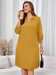 EMERY ROSE Plus Size Solid Color Turndown Collar Casual Versatile 3/4 Sleeve Dress - Yellow - View 5