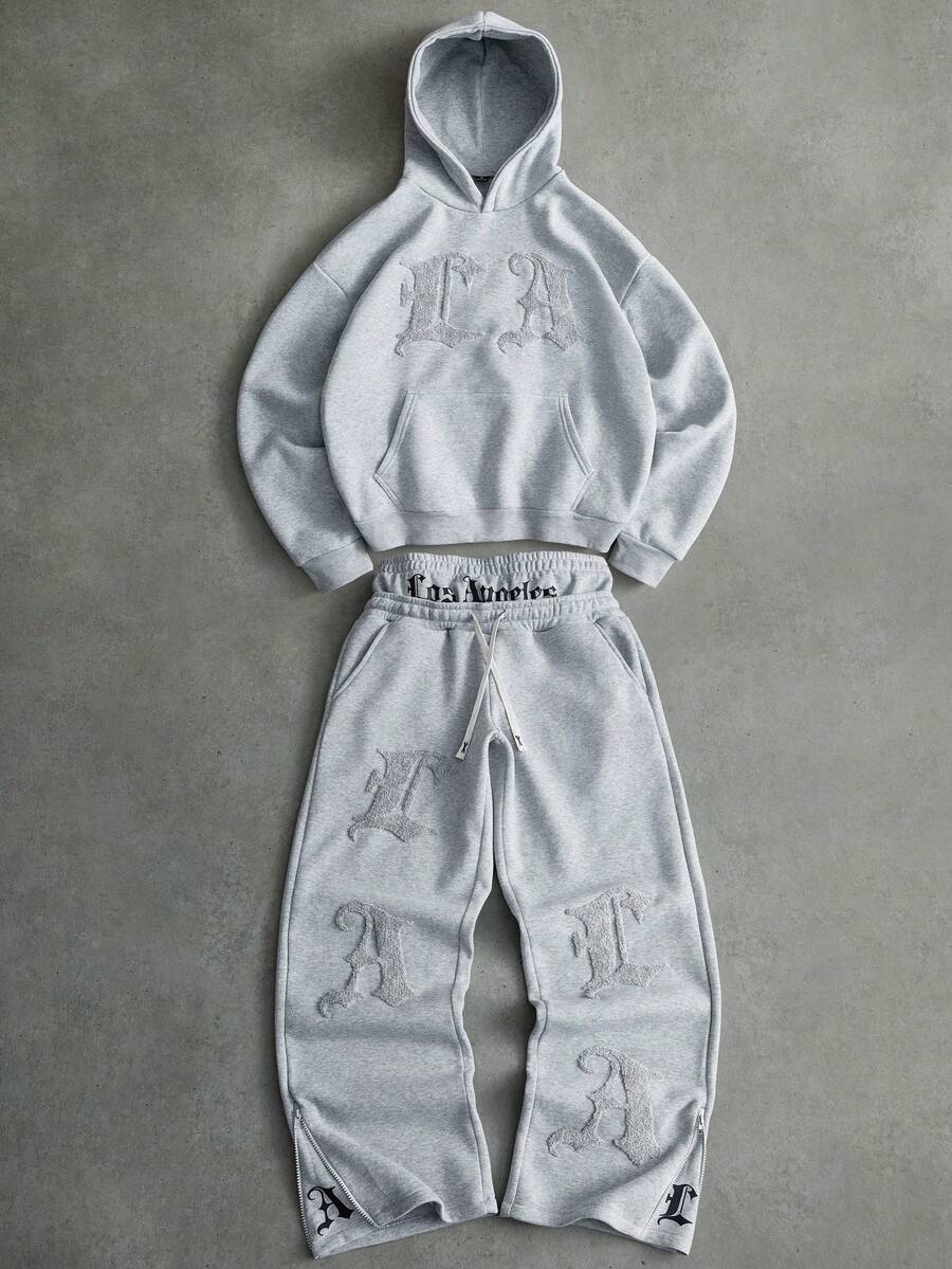 PAVTROS 男士街头风流行INS同款LA刺绣毛巾二合一双腰拉链裤，适合户外音乐节、夜店、酒吧等场合，也可作为男友/老公礼物、周年纪念礼物，浅灰色连帽衫套装 - 灰色 - 查看 1