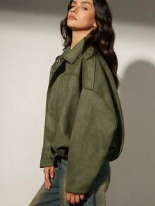 Aveloria Modichic Áo khoác biker nữ dáng rộng, thường ngày, ve áo bằng da lộn, viền xếp nếp - xanh quân đội - Xem 4