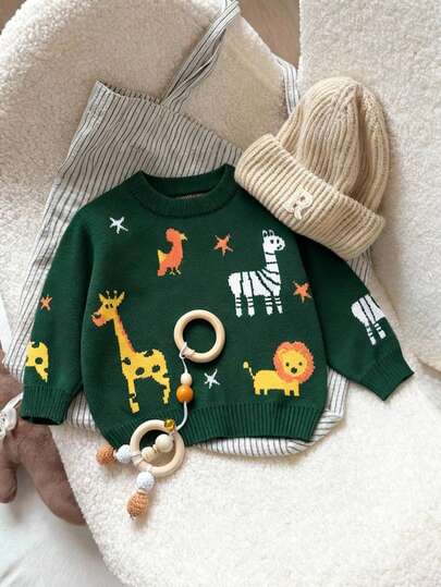 SHEIN Playful Pals 男婴绿色狮子长颈鹿提花针织毛衣，休闲户外假日套头衫，柔软舒适，适合日常、外出、旅行、度假、居家、托儿所、玩耍、返校、春秋冬季圣诞节万圣节毛衣秋季套头衫