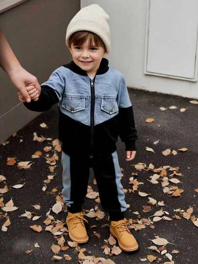 SHEIN Streecool Kids 4-7 Years Old Boys Vintage Stylish Casual Hooded Patchwork Denim Zip-Up Jacket & Elastic Waist Patchwork Denim Pants 2 Pieces Set, Autumn/Winter