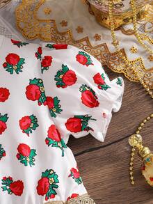 1pc Girls Rose Print Puff Sleeve Dress, Waist Ruffle Decor, New Style, Girls Dress, Suitable For Daily Wear