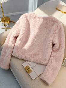 Franclia 加大码长袖金属纽扣仿皮草白色休闲优雅外套 女款粉色外套 粉色仿皮草夹克 粉色蓬松夹克 粉色皮草外套 粉色纽扣夹克 女款夹克 女款粉色皮草夹克 粉色夹克 仿皮草外套 女款粉色夹克 圆领夹克