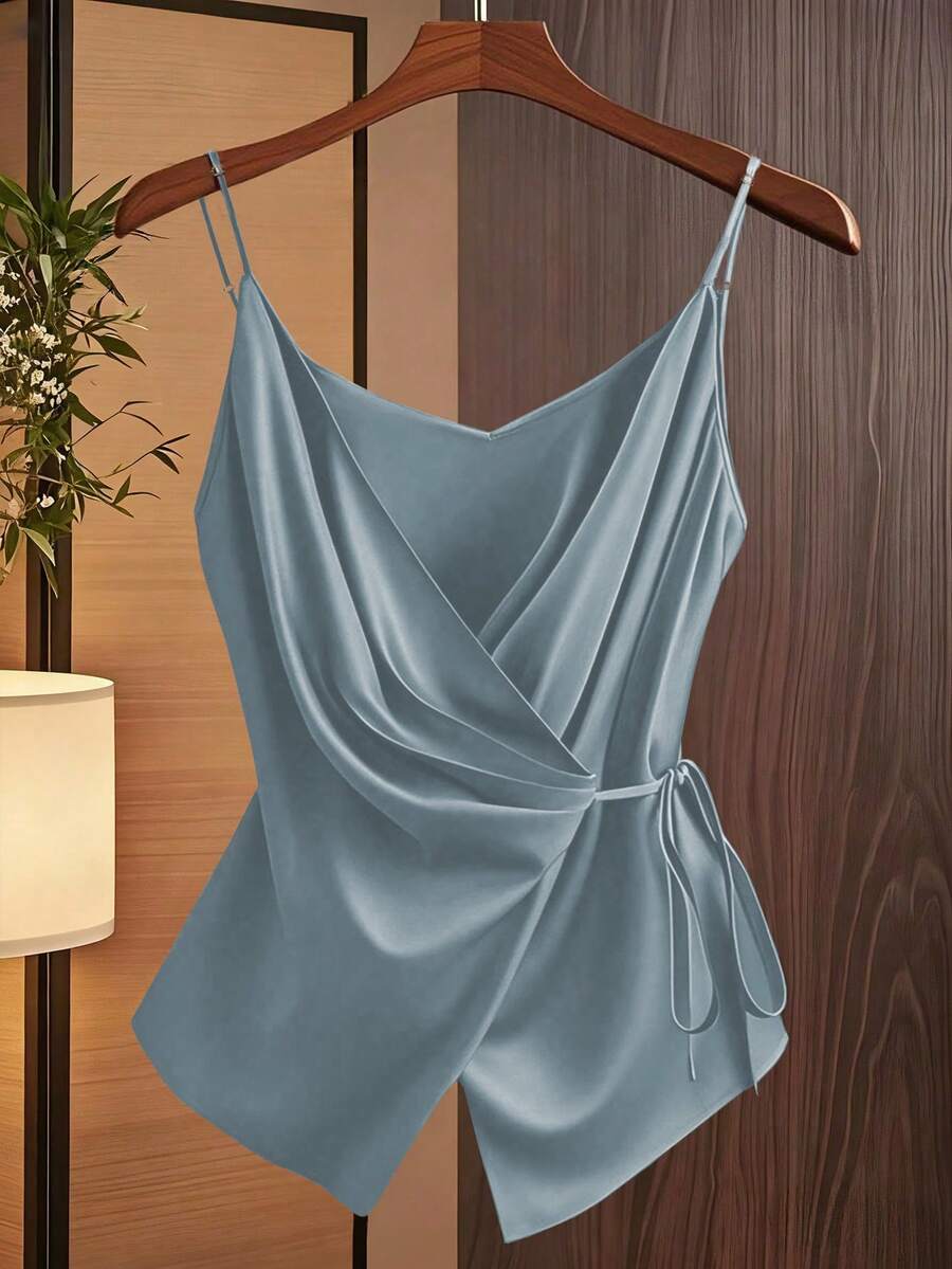 Qadelle Women's Fashion Casual V-Neck Pleated Wrap-Around Bowknot Tie Waist A-Line Camisole - Blue - View 1