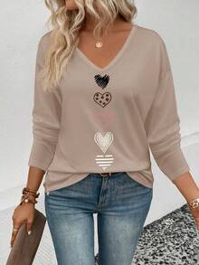 EMERY ROSE Women's V-Neck Heart Print Long Sleeve T-Shirt, New Arrival For Autumn/Winter - Multicolor - View 5