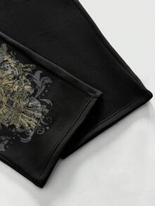 ROMWE MEN Goth 男士休闲骷髅印花抽绳腰裤，秋季款 - 黑色 - 查看 4