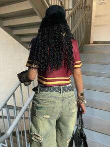 Rovax Áo crop top tay ngắn in họa tiết sọc và số cổ chữ V phong cách thể thao thường ngày cho nữ, mùa hè - Nhiều màu - Xem 2