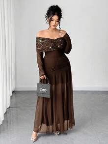 Elenzga Váy sequin hở vai thanh lịch cỡ lớn dành cho nữ - Cà phê nâu - Xem 4