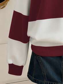 Lalippa 女士撞色条纹印花拉链 Polo 领长袖休闲卫衣 - 紅色 - 查看 4