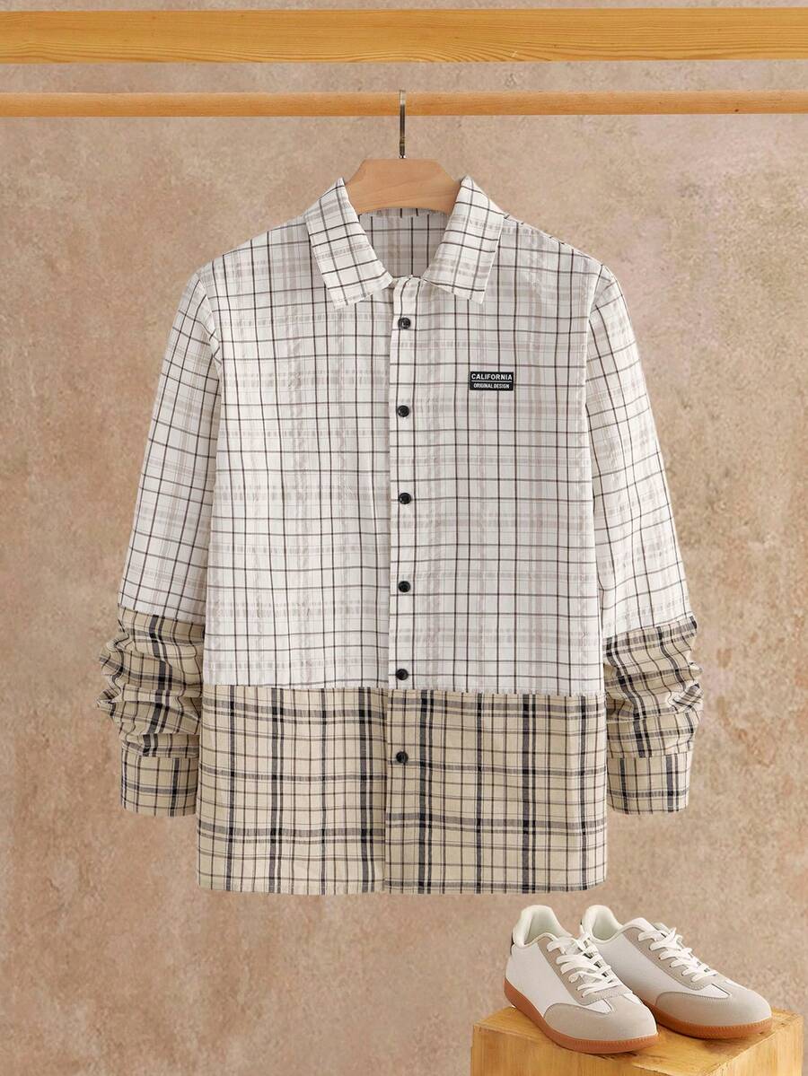 Manfinity VCAY Men's Casual Plaid Patchwork Shirt, Autumn - Multicolor - View 1