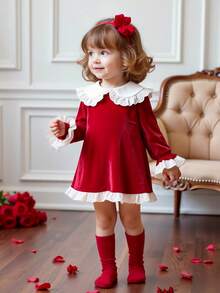 SHEIN Playful Pals Vestido de veludo manga longa para bebê menina outono/inverno, cor vermelha com gola e babados, adequado para ocasiões casuais, ao ar livre e festas