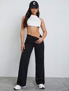 SHEIN ICON 大码女式弹力腰复古黑色直筒牛仔裤 - 黑色 - 查看 5