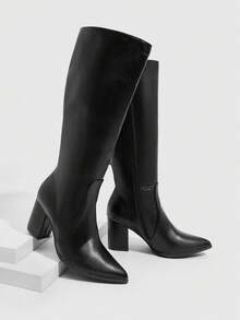 CUCCOO SZL Women's Black Pointed Toe Fashion Side Zipper Design High Heel Mid-Calf Boots For Christmas - Black - View 6