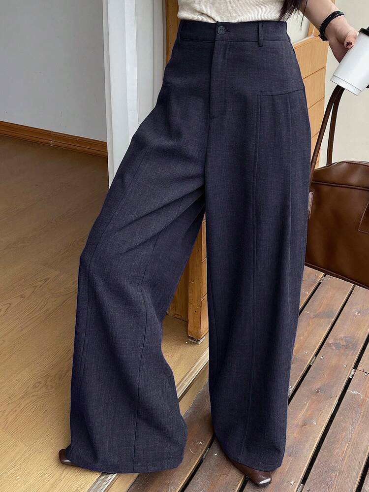Women's Casual Solid Color Pleated Wide Leg Pants, Autumn/Winter