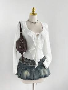 Elamini 优雅奢华女士蕾丝胸前系带衬衫 - 白色 - 查看 3