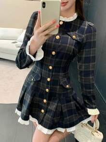 DAZY 女士优雅风格图案拼接荷叶边泡泡袖假口袋短连衣裙，秋季