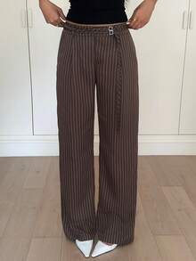 Siren Gaze Women's Brown Striped Print Casual Straight Leg Pants, Autumn/Winter Brown Pants Stripe Pants Wide Leg Pants Pleated Pants - Brown - View 5
