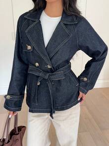 Siren Gaze French-Style Elegant Denim Jacket With A Vintage Trench Coat And Bow Belt Autumn And Winter Coat - Dark Wash - View 3