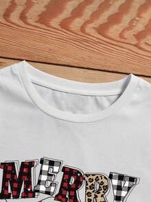 Playera de mujer estilo festivo con estampado de letras, muñeco de jengibre y árboles, corte holgado, cuello redondo, manga corta, primavera/verano, casual y versátil - Blanco - Ver 4