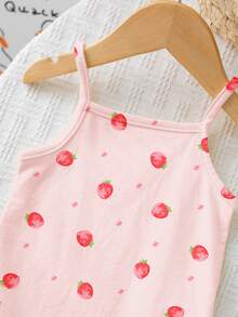 SHEIN 可爱迷你草莓花卉波尔卡圆点图案，奶油粉色，女婴休闲连体衣，适合春夏季，清凉度假 - 彩色 - 查看 3