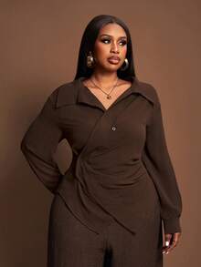 Veslaya 2025 Autumn/Winter Plus Size Women's Dress, Elegant Lace Patchwork Deep V-Neck Ruched Waist Semi-Sheer Blouse, Suitable For Country Music Concert, Wedding Guest, Date Night, Formal Party - Red Violet - View 4