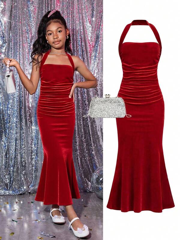 SHEIN Tween Girls Solid Red V-Neck Sleeveless Ruched Waist Velvet Elegant Party Dress Slim Mermaid Halter Neck Dress, For Christmas Party