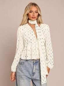 Glamine 女士法式金属箔叶子图案可拆卸荷叶边下摆休闲衬衫，秋冬款 - 杏色 - 查看 5