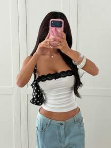 CovetEZ Women's Lace Contrast Color Fitted Bandeau Top - White - View 7