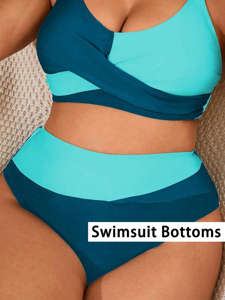 SHEIN Swim Curve 大码女式多色拼接高腰简约款三角形比基尼泳裤，性感优雅，适合海滩、度假 - 彩色 - 查看 1