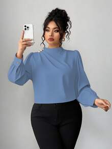 Elenzga Blusa de mujer talla grande con cuello con volantes, decoración de botones metálicos y mangas farol, elegante y adecuada para el trabajo, primavera/otoño - Azul - Ver 5