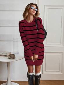 EMERY ROSE 2pcs Striped Black & White Pullover Sweater Dress For Women - Red - View 6