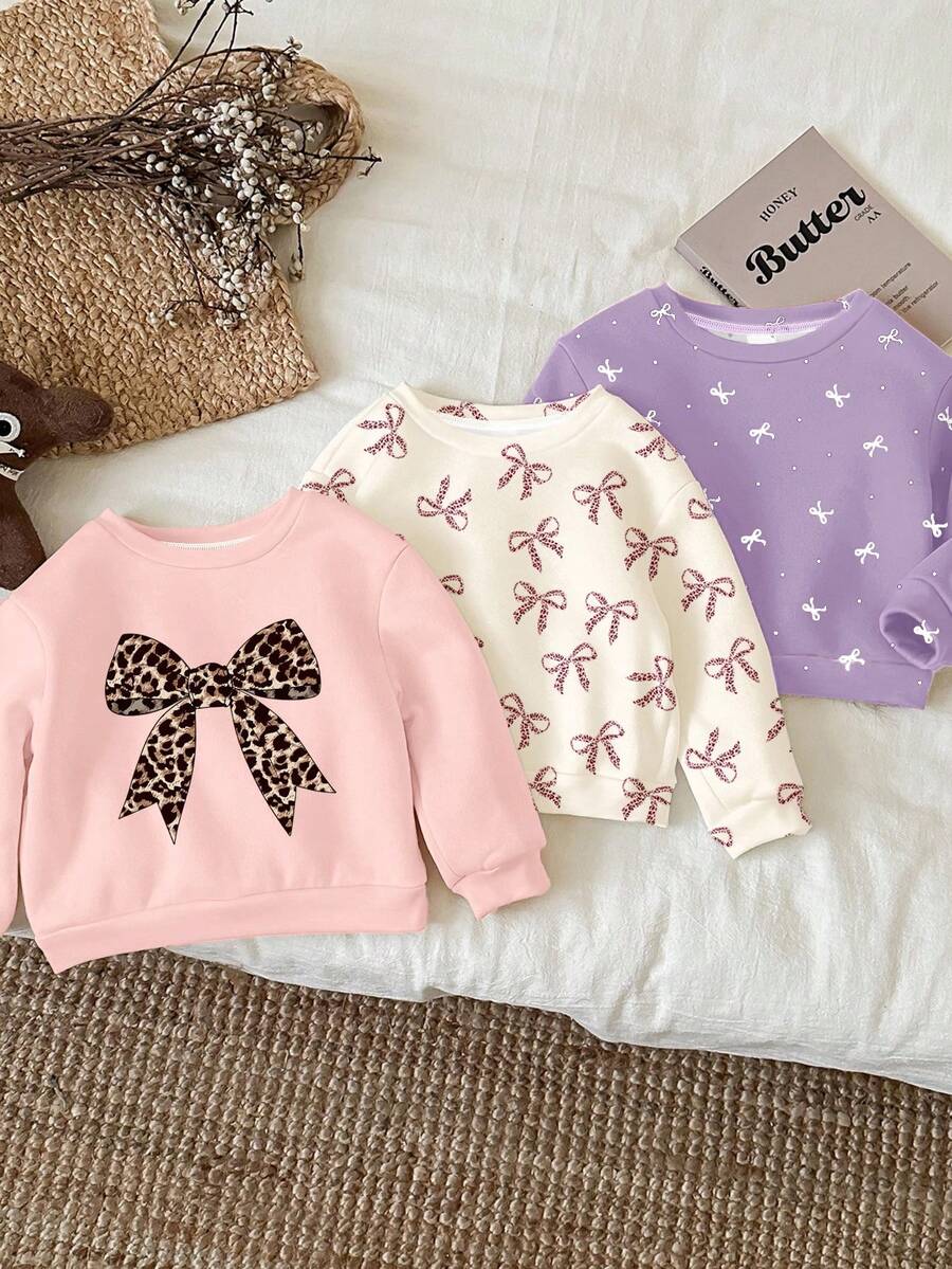 3 pièces/set Jeune fille Blanc crème, Beige crème, Violet crème Nœud léopard vintage, Motif nœud à pois mini Pulls confortables et doux à col ras du cou, Convient pour l'automne/l'hiver, l'automne, le confort facile, les couches d'automne, à la mode, décontracté, bébé et graphique, l'automne, la rentrée, convient pour la maison, l'école, les sorties, la photographie de rue - Multicolore - Voir 1