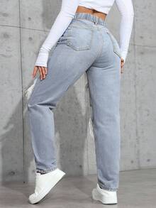 SHEIN ICON Plus Size Women Casual High Waist Loose Distressed Button Denim Jeans - Blue - View 2