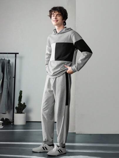 SHEIN Vacaura 2 件套青少年男童休闲运动拼色连帽运动衫套装，适合休闲、通勤、上学和运动穿着