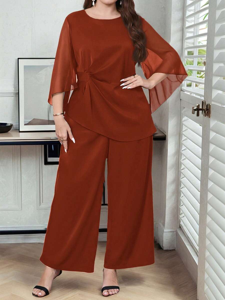 Reflora Plus Size Solid Color Mesh Patchwork Round Neck Top And Wide Leg Pants Elegant 2 Pieces Set - Burnt Orange - View 1