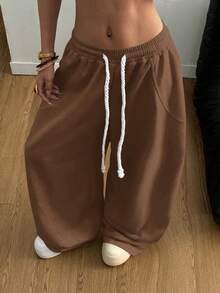 SHEIN Tall CURVE 大码女式街头风外出休闲装，大码弹力腰带舒适灰色筒裤 - 棕色 - 查看 3