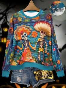 INAWLY 秋冬针织卫衣效果亡灵节情侣图案印花圆领长袖休闲运动卫衣女士 - 彩色 - 查看 1